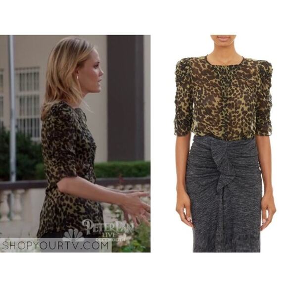 Isabel Marant Etoile Caja Leopard Print Blouse Green/Black Puff Sleeve Size US 8 - Picture 2 of 8